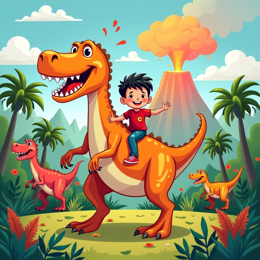 Storybook cover of a dinosaur adventure