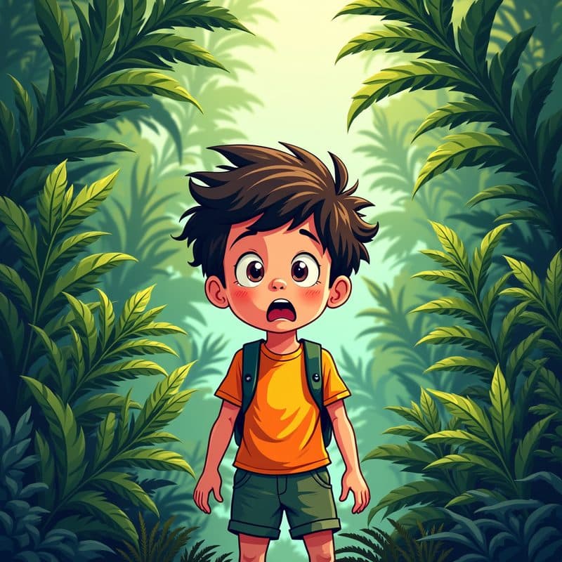 Illustrated storybook page of a child standing in a prehistoric jungle