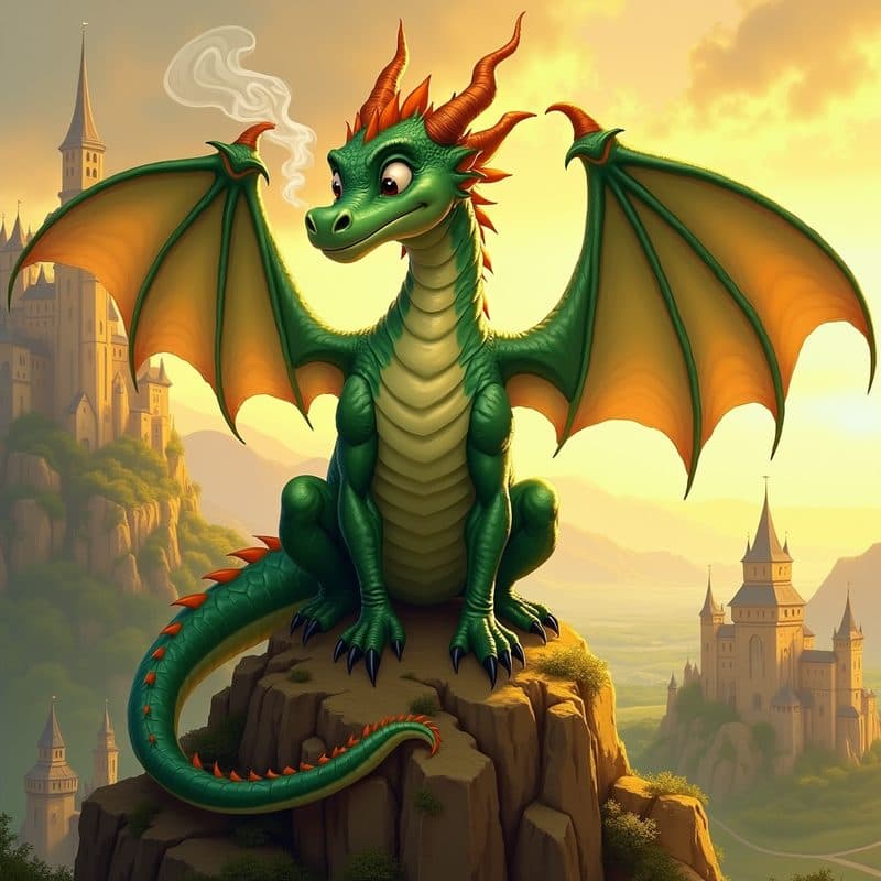 Illustrated friendly dragon in a golden sunset